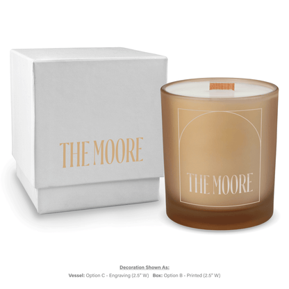 14 oz. Sand glass candle with custom engraved logo next to its matching White gift box