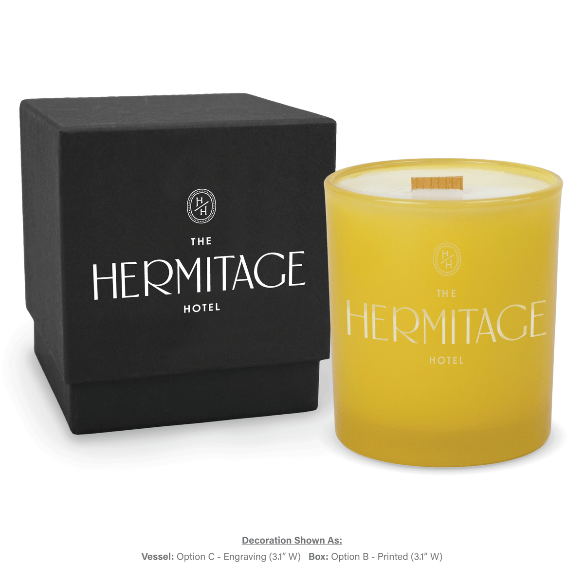 14 oz. Yellow glass candle with custom engraved logo next to its matching Black gift box