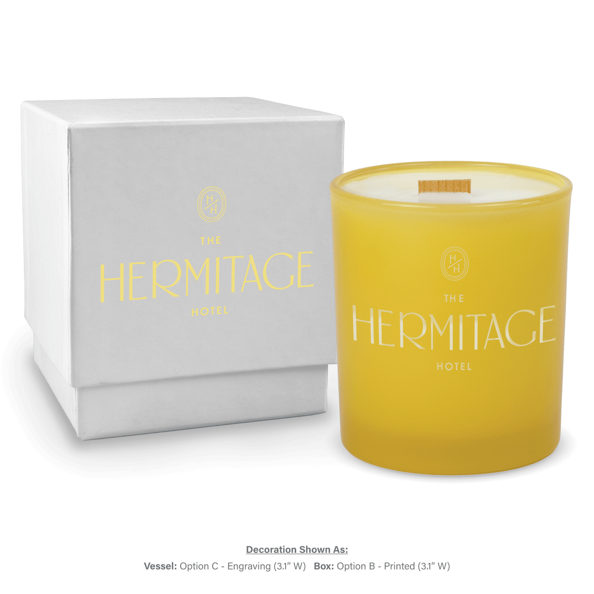 14 oz. Yellow glass candle with custom engraved logo next to its matching White gift box