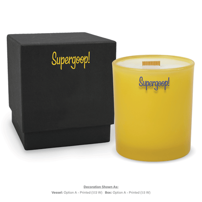 14 oz. Yellow glass candle with custom printed logo next to its matching Black gift box
