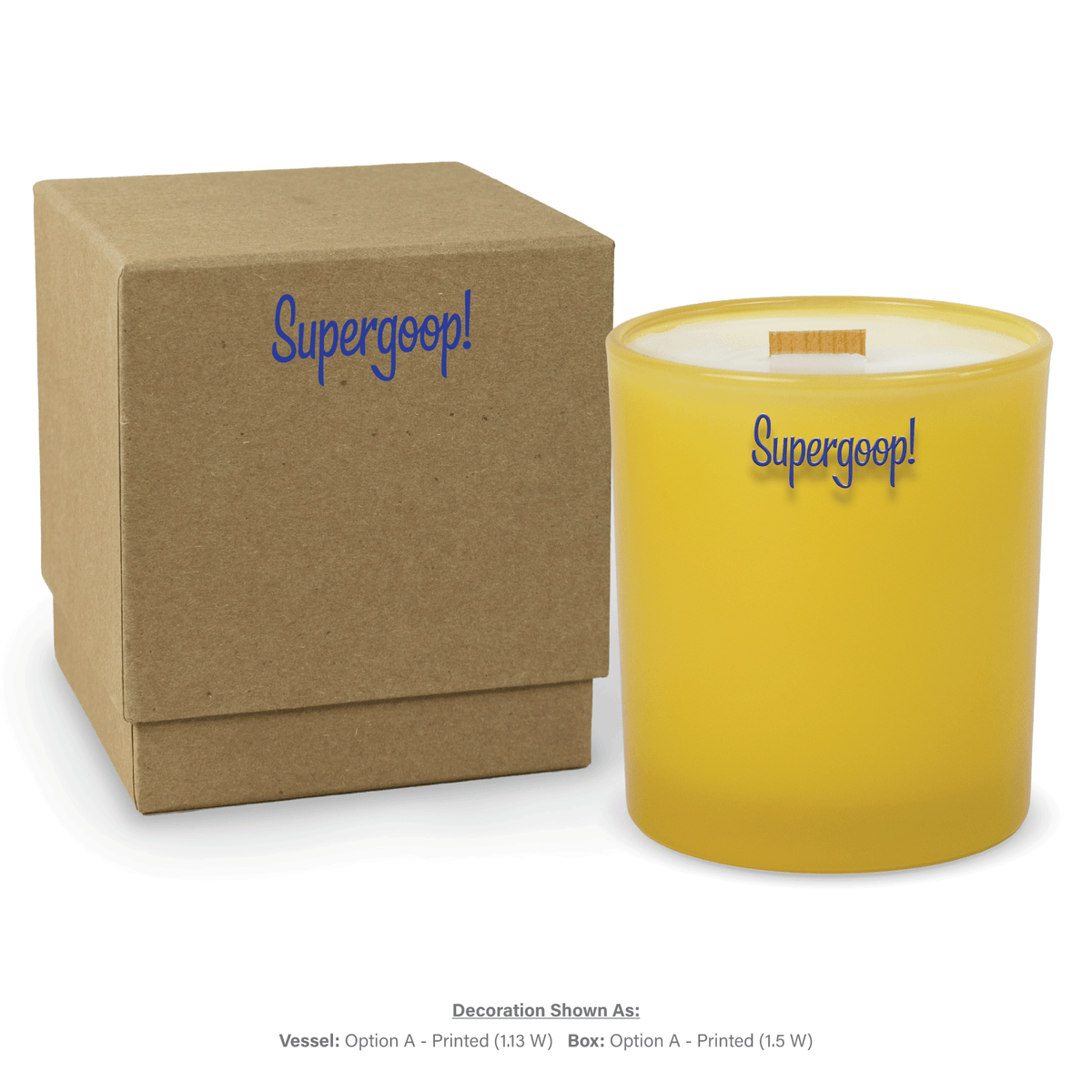 14 oz. Yellow glass candle with custom printed logo next to its matching Kraft gift box