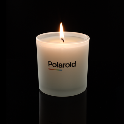 9 oz. Frosted glass candle with custom printed logo from Bath Promotions, shown lit — Lit version