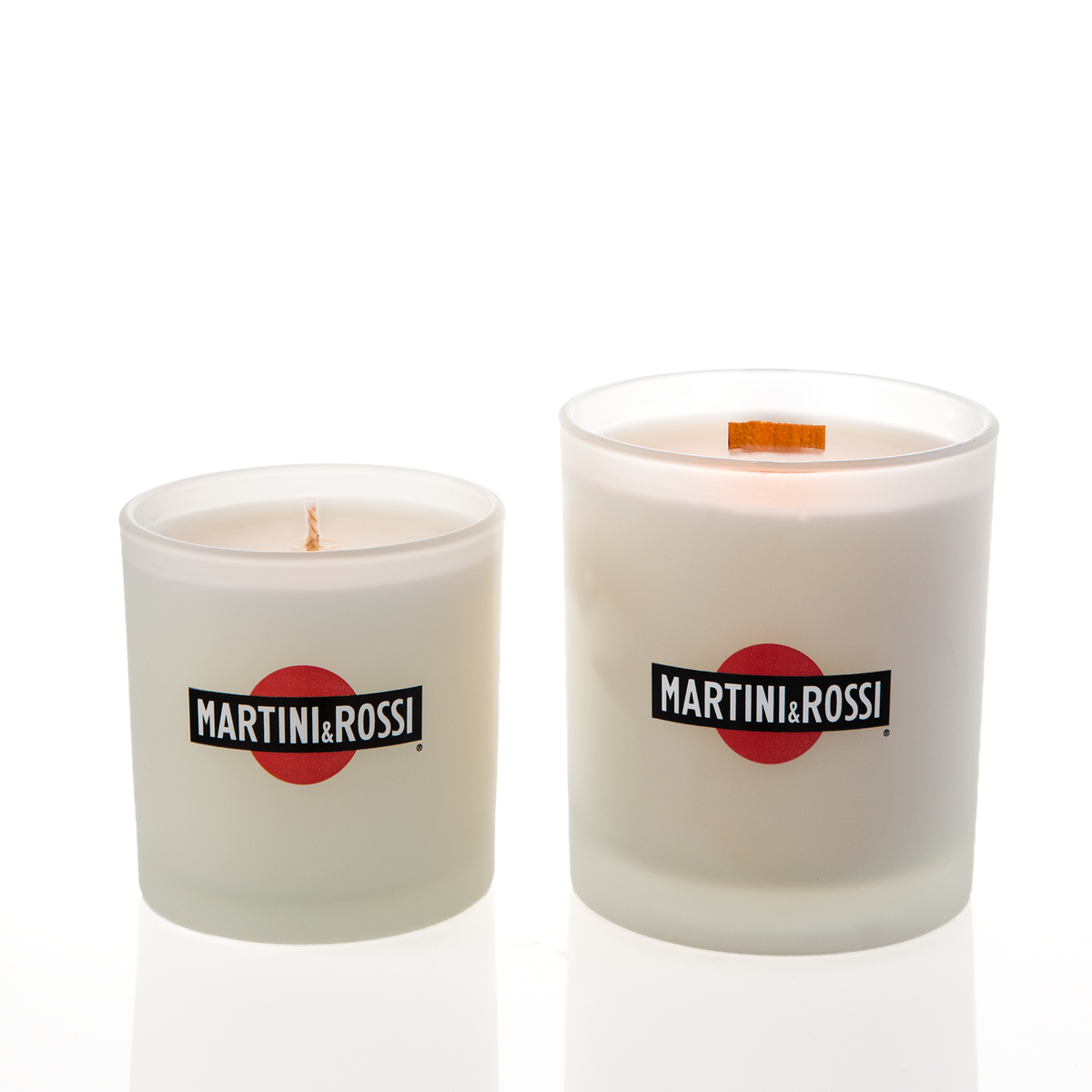 Frosted glass candles, 9 oz. beside 14 oz., both custom printed with the same logo, from Bath Promotions