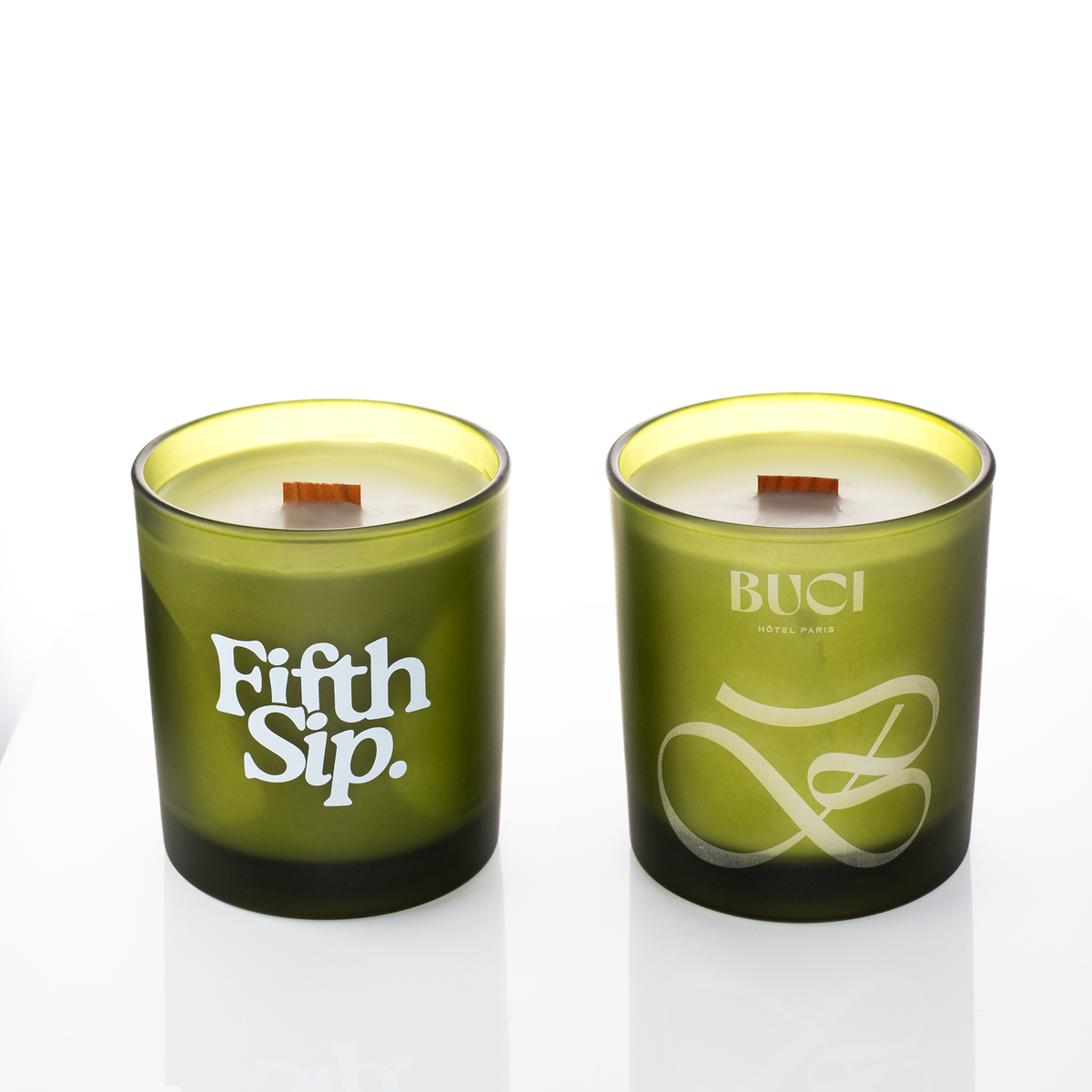 Green glass, two 14 oz. candles side by side, one custom printed and one laser engraved, from Bath Promotions