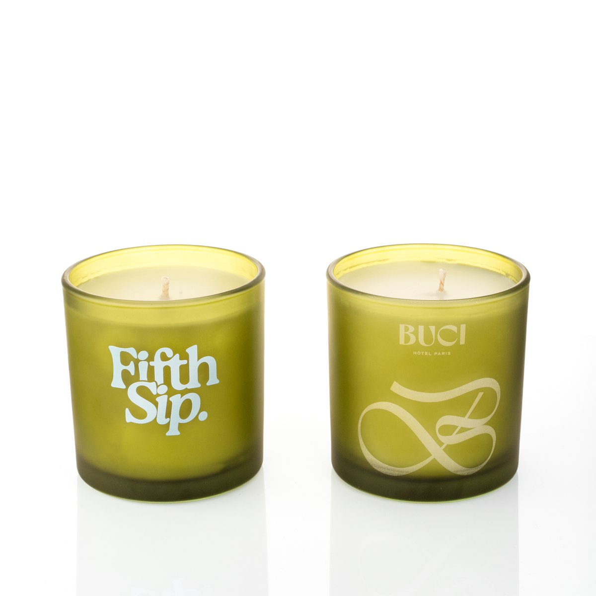 Green glass, two 9 oz. candles side by side, one custom printed and one laser engraved, from Bath Promotions