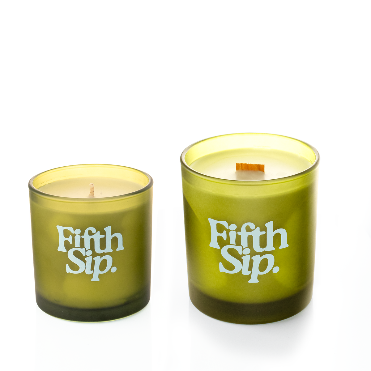 Green glass candles, 9 oz. beside 14 oz., both custom printed with the same logo, from Bath Promotions