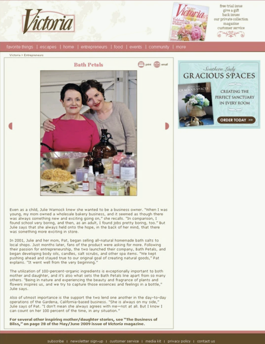 Bath Petals founders Pat Filaseta and Julie Warnock profiled in Victoria magazine