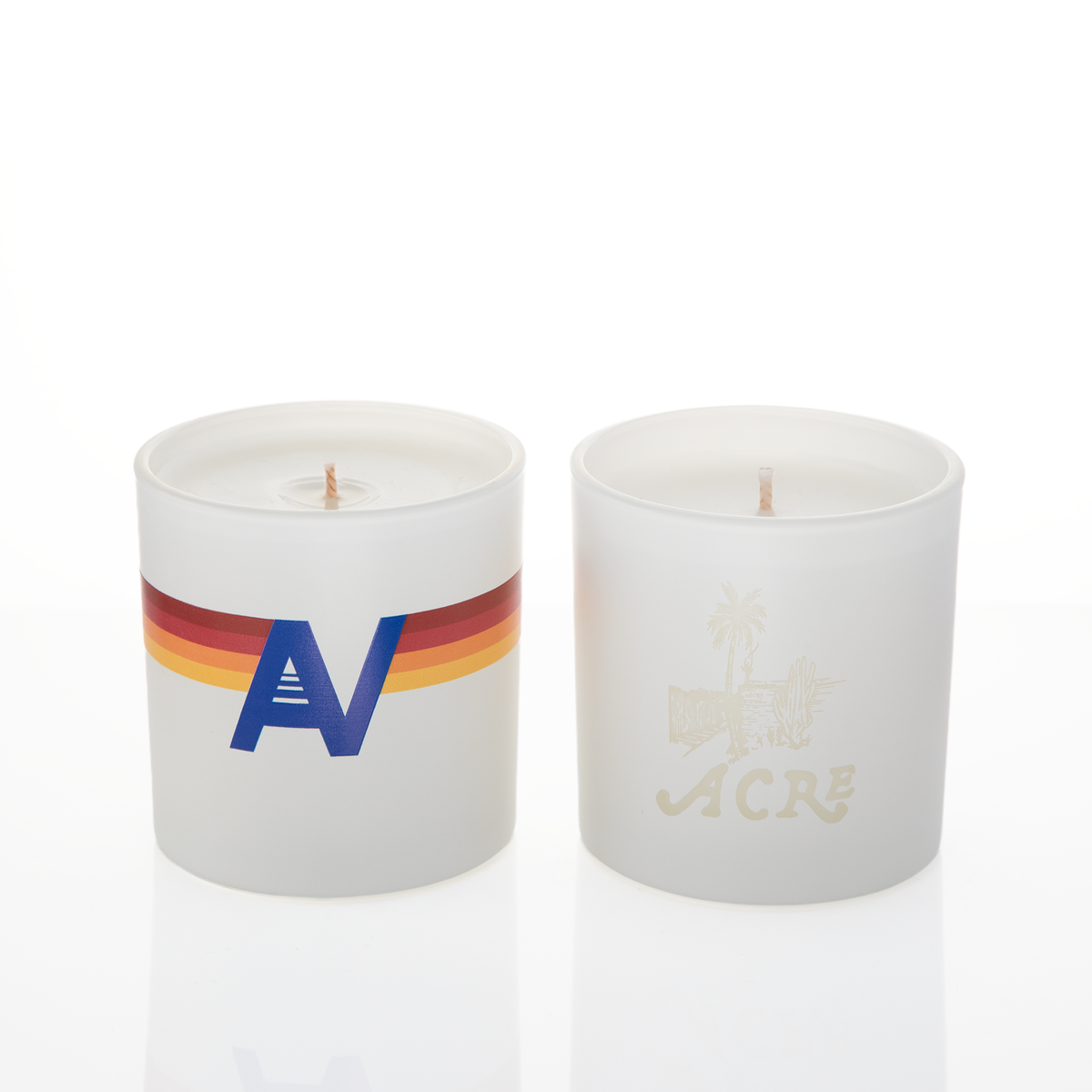 White glass, two 9 oz. candles side by side, one custom printed and one laser engraved, from Bath Promotions