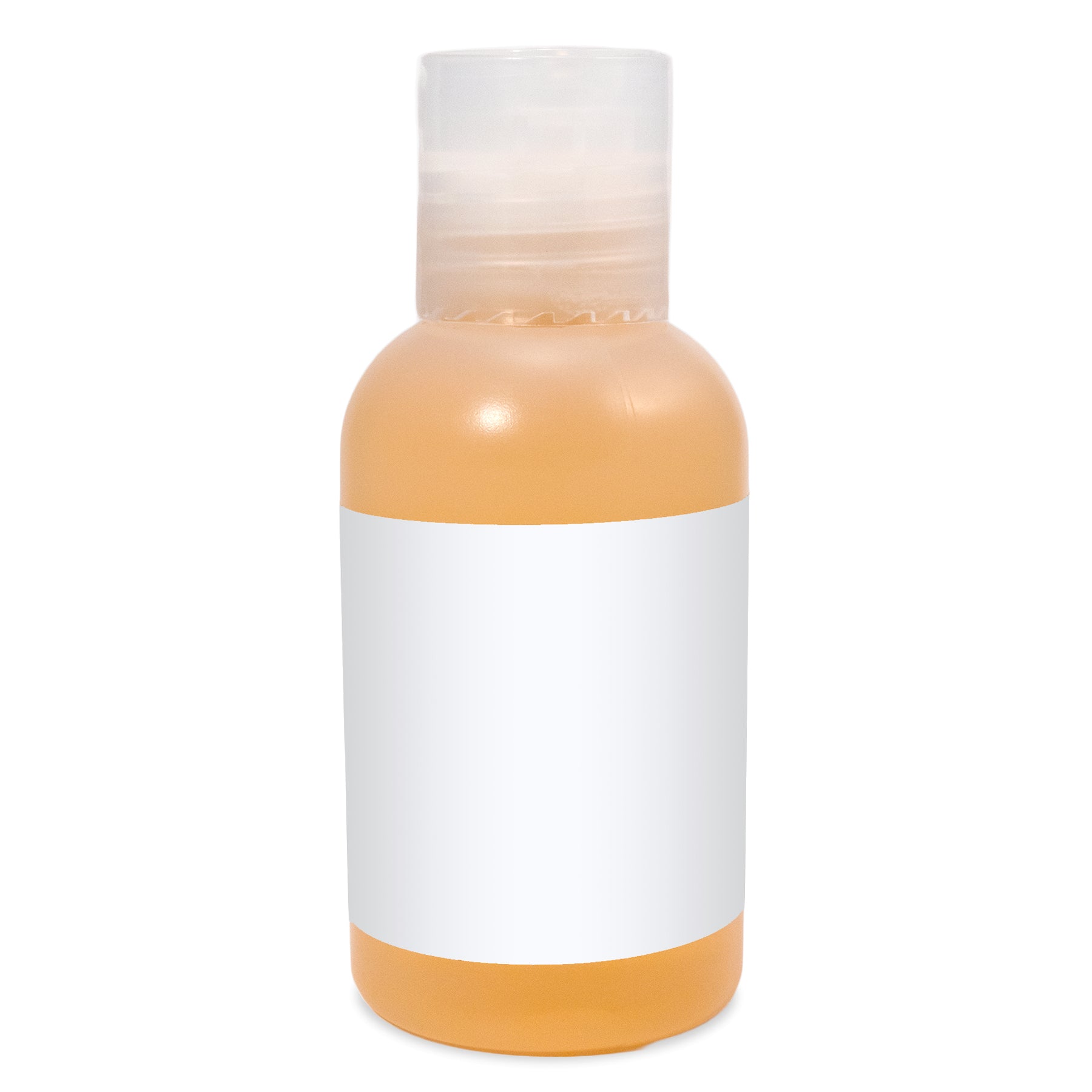 Plastic bottle with clear flip-top cap containing shower gel, featuring a white label.