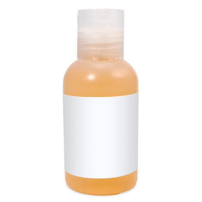 Plastic bottle with clear flip-top cap containing shower gel, featuring a white label.