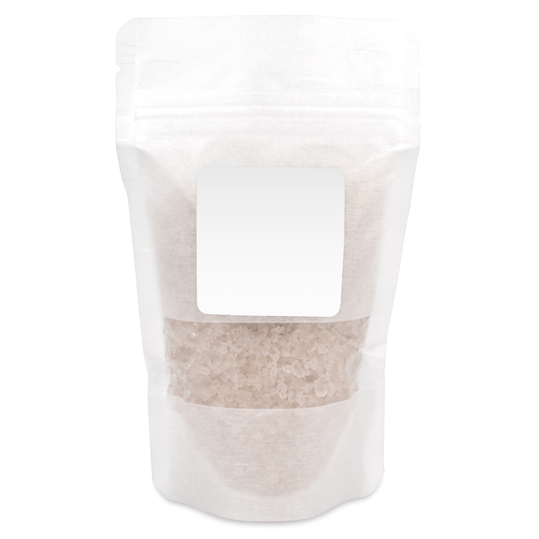 4 oz white resealable pouch containing bath salts with a white label. The transparent window shows the crystalline bath salt contents inside.
