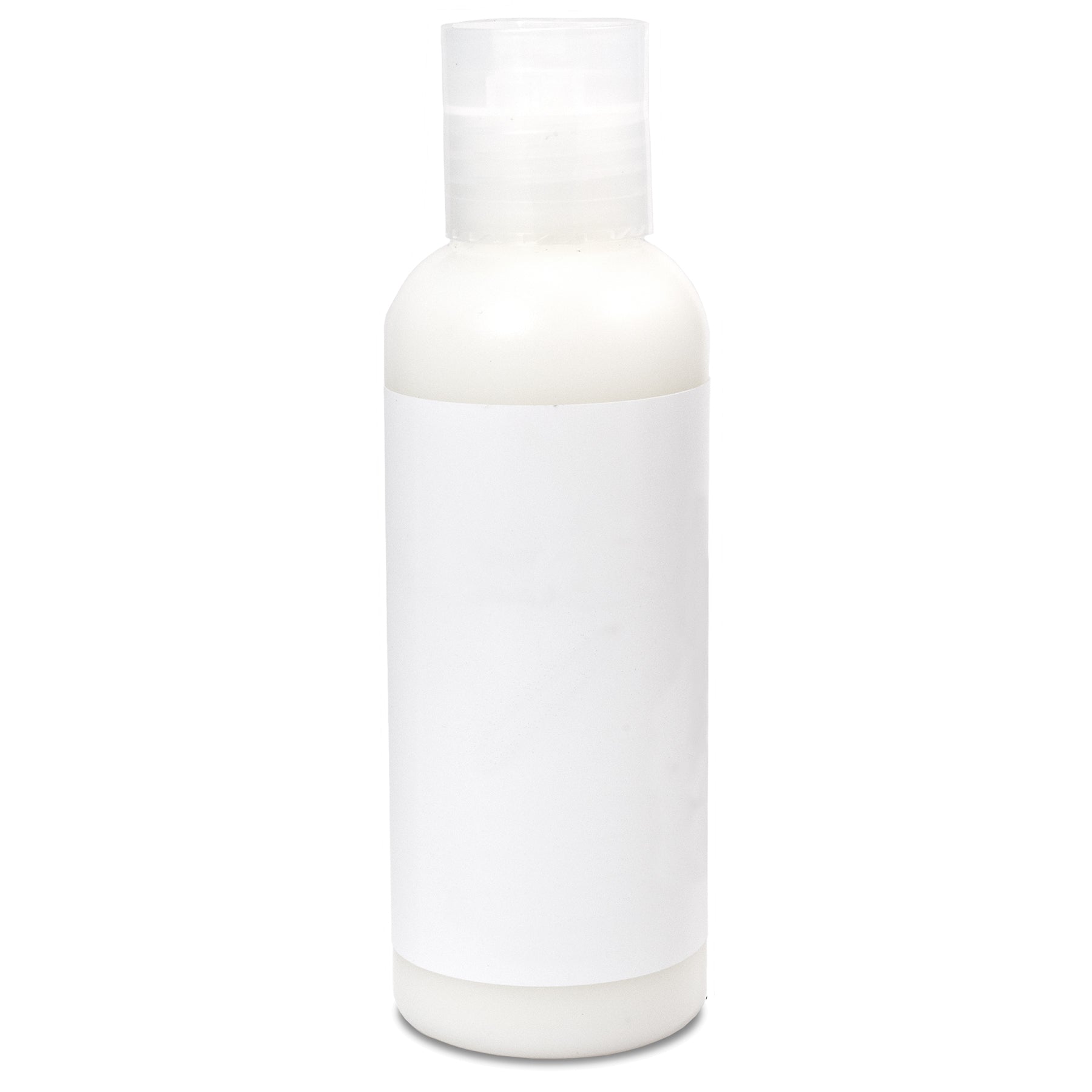 White plastic bottle with clear flip-top cap containing white lotion, featuring a white label