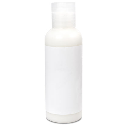 White plastic bottle with clear flip-top cap containing white lotion, featuring a white label