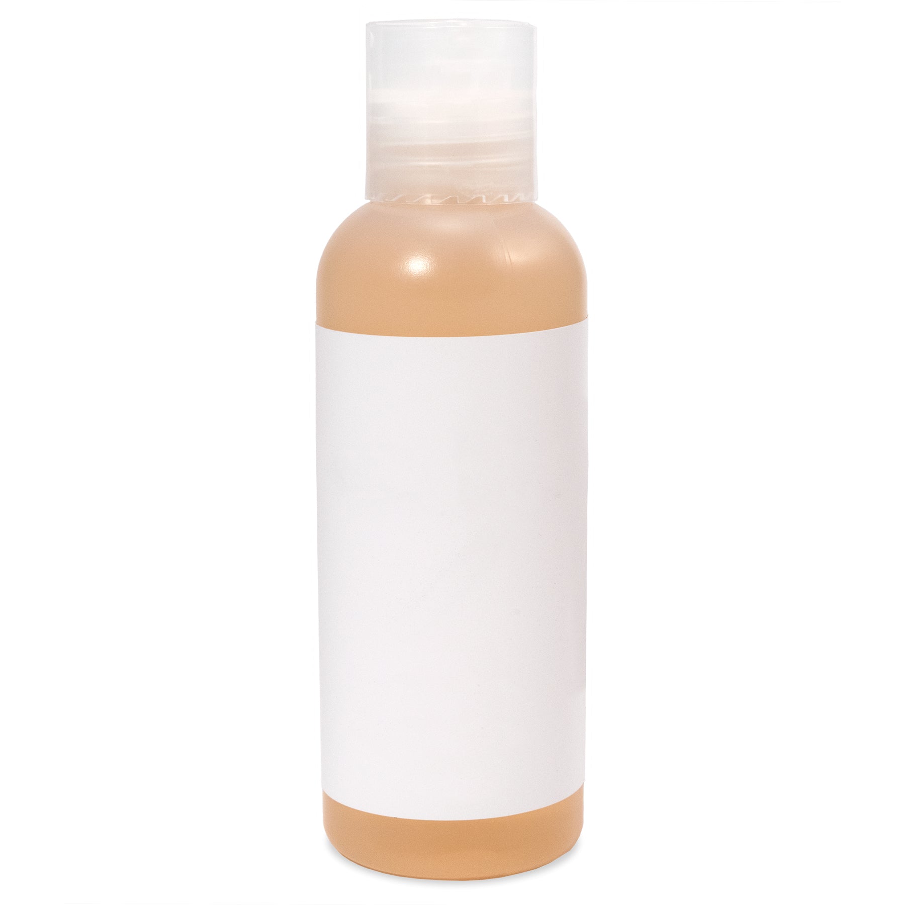 Plastic bottle with clear flip-top cap containing shower gel, featuring a white label.