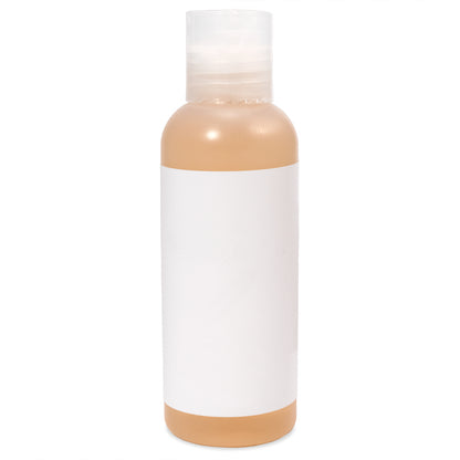 Plastic bottle with clear flip-top cap containing shower gel, featuring a white label.