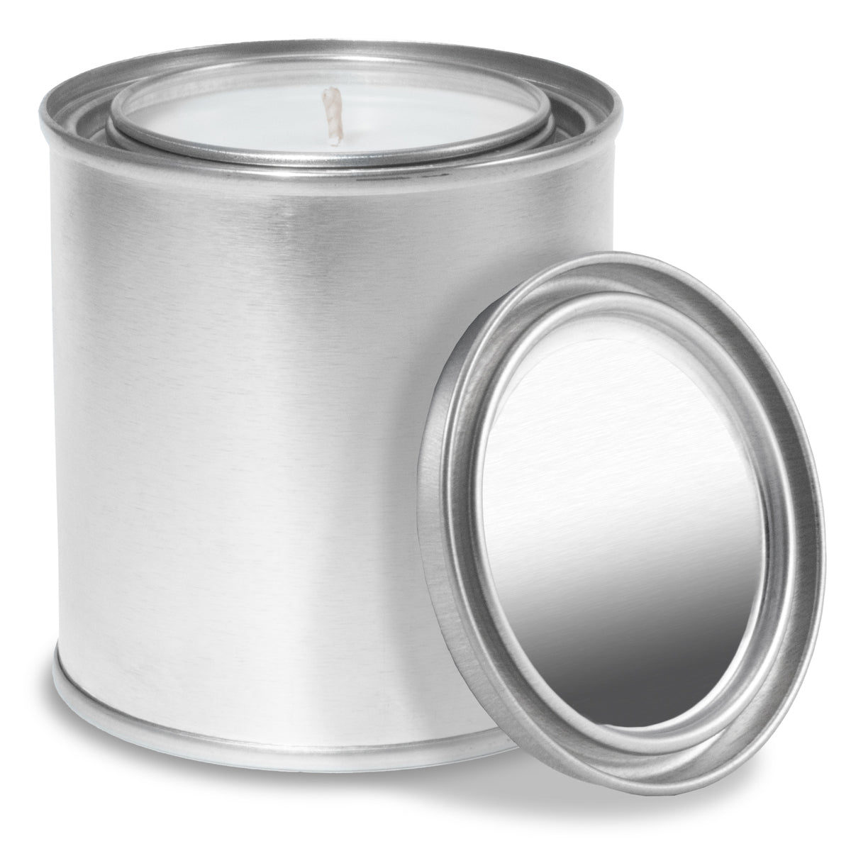 8 oz open silver paint can candle with white wax, cotton wick, and lid off to the side.