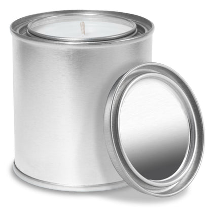 8 oz open silver paint can candle with white wax, cotton wick, and lid off to the side.