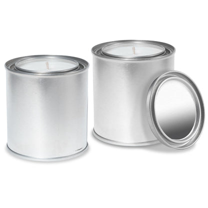 Two 8 oz silver paint can candles open showing white wax with cotton wick, plus a removable lid.