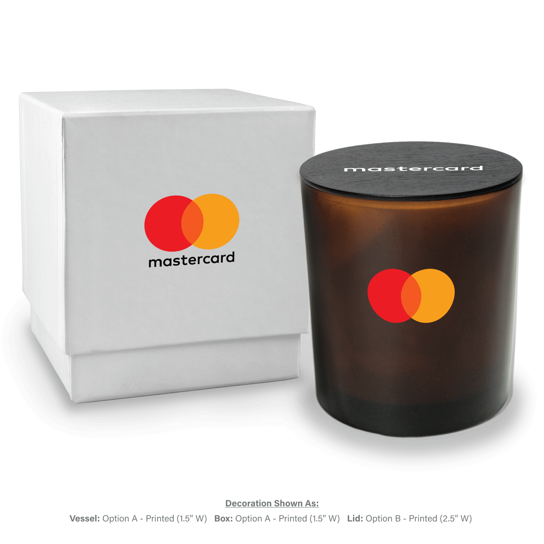 14 oz amber luxury candle with white gift box and black lid on, featuring custom branding