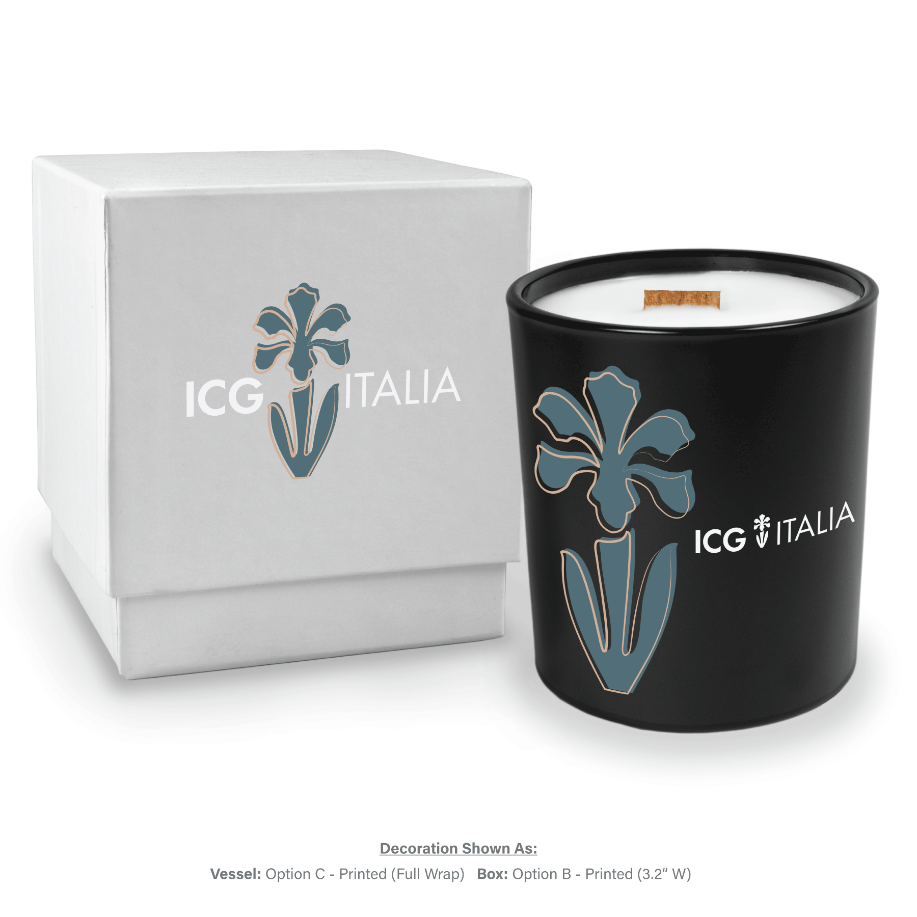 14 oz black glass candle with wooden wick and white wax next to matching white gift box, both featuring multicolor branding.
