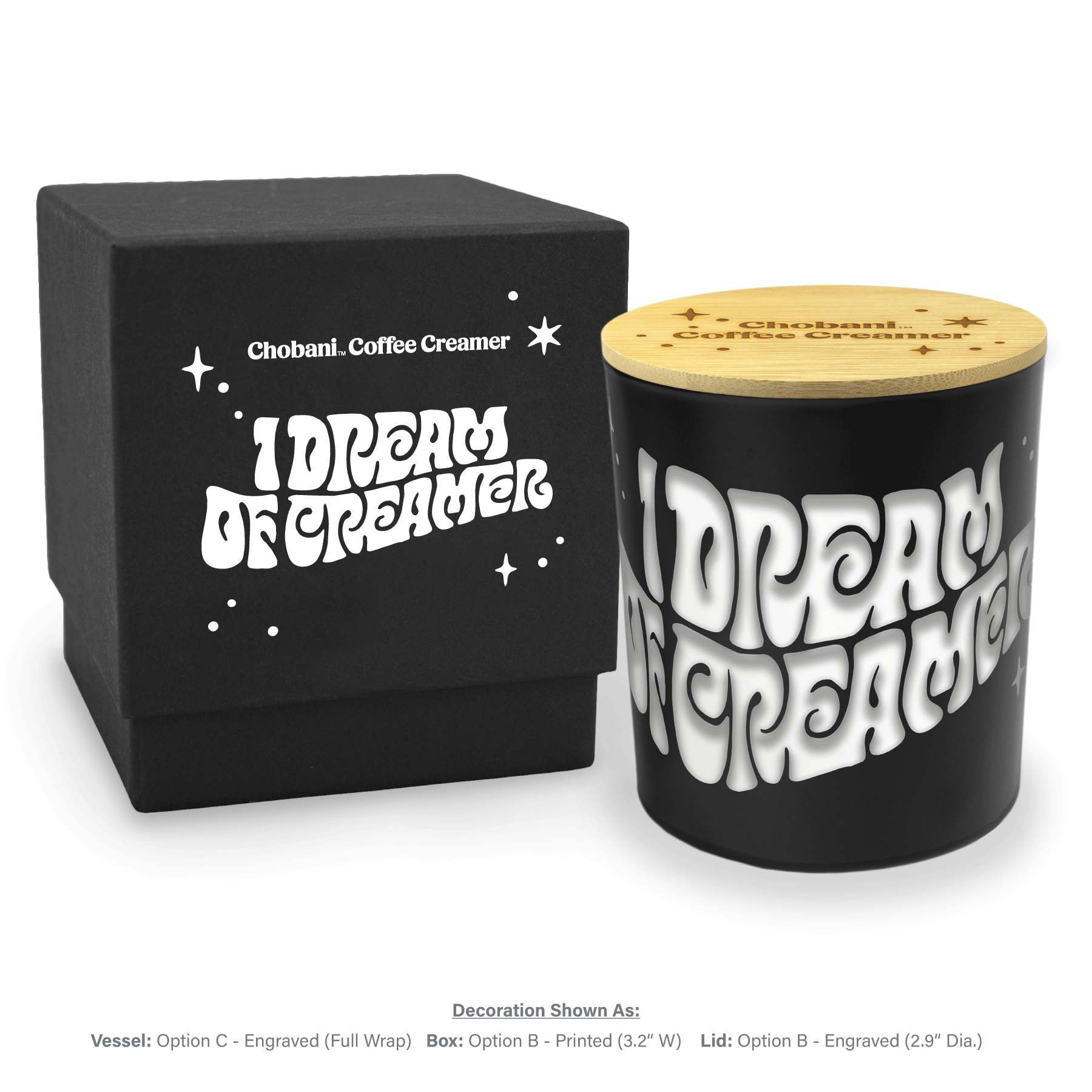 Close-up view of 14 oz black luxury candle showing engraved personalization detail