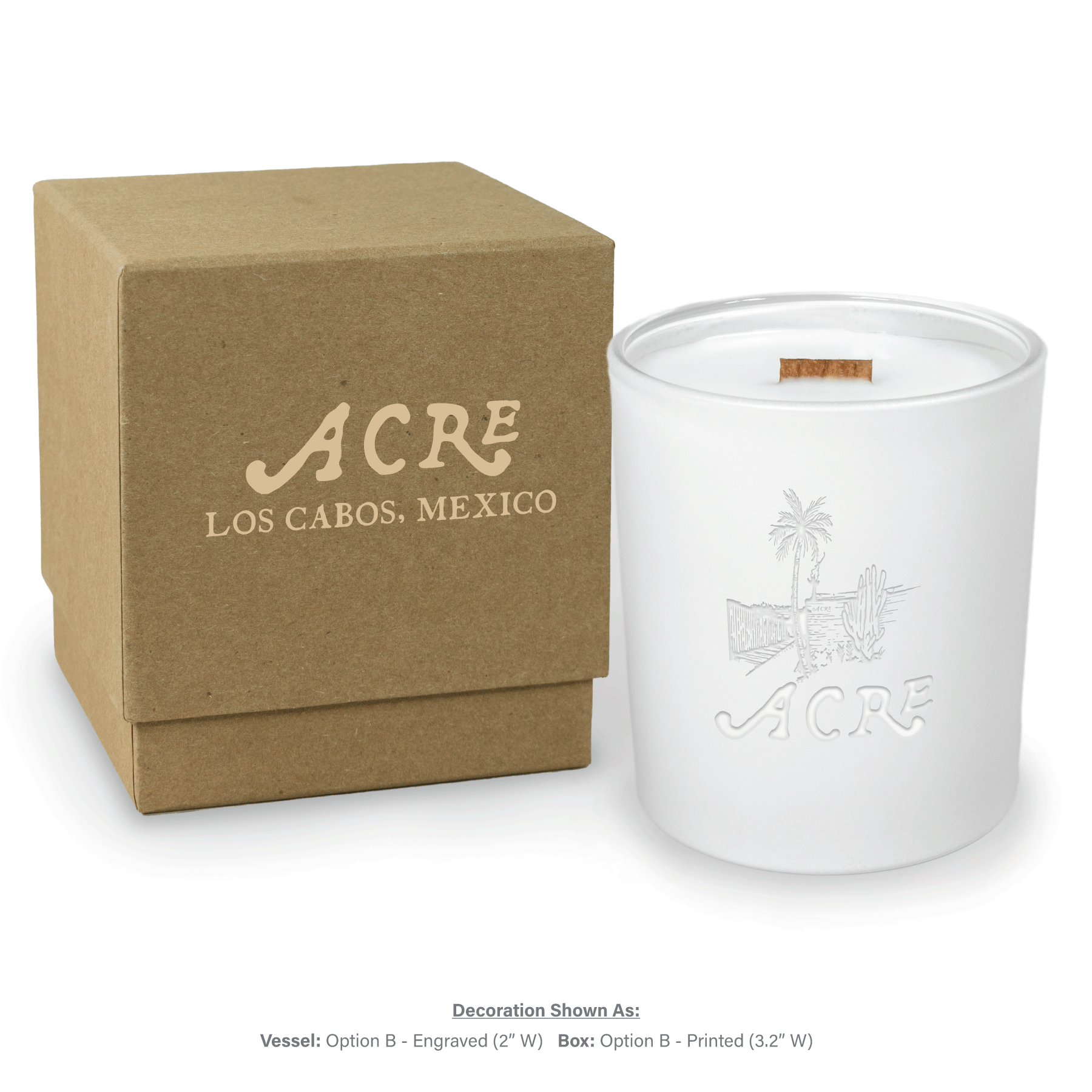 14 oz engraved luxury white soy candle with wooden wick and kraft gift box, lid removed showing candle