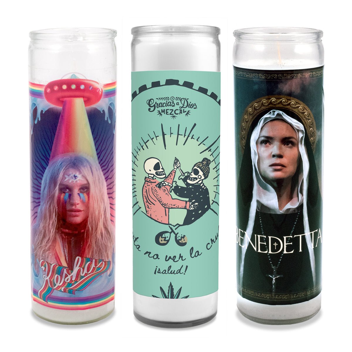 Three decorative glass prayer candles each have high resolution images.