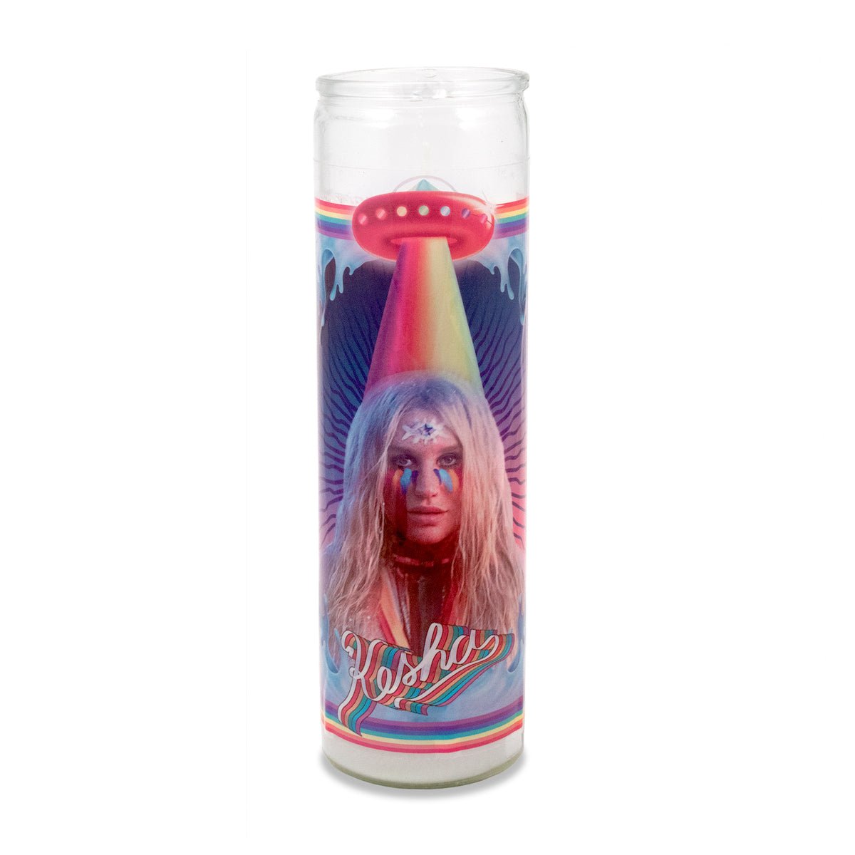 16 oz decorative glass prayer candle multicolor graphics and imagery. 