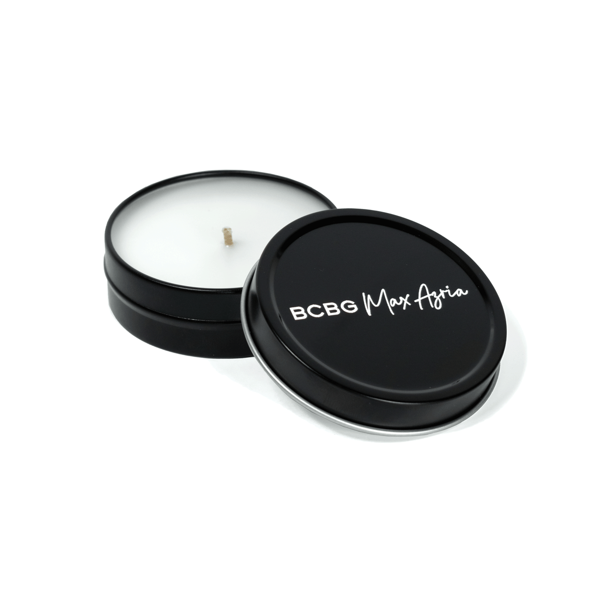 2 oz black tin travel candle with white wax and cotton wick, shown with removable black lid featuring white text.