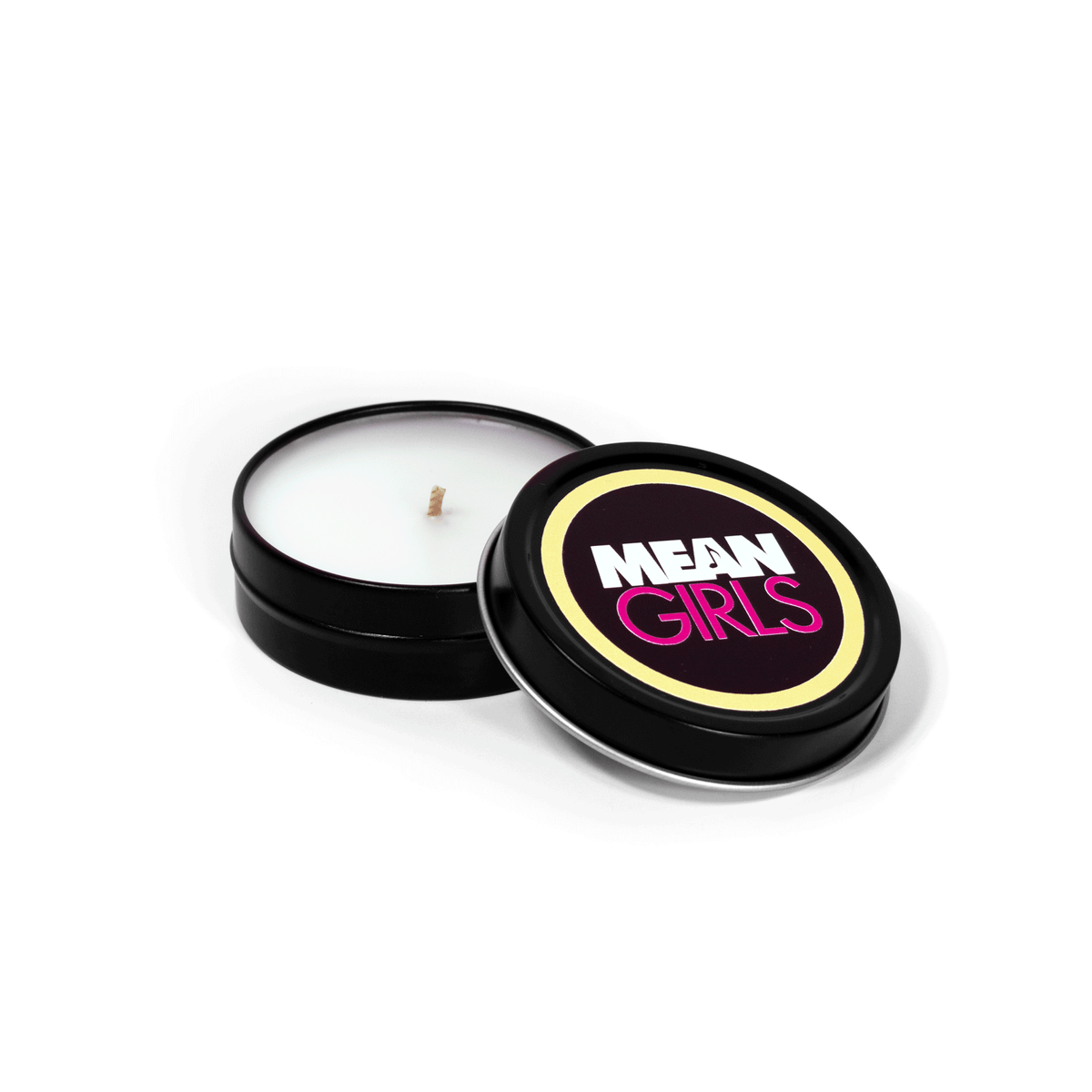 2 oz black tin travel candle with white wax and cotton wick, shown with removable black lid featuring multicolor branding.
