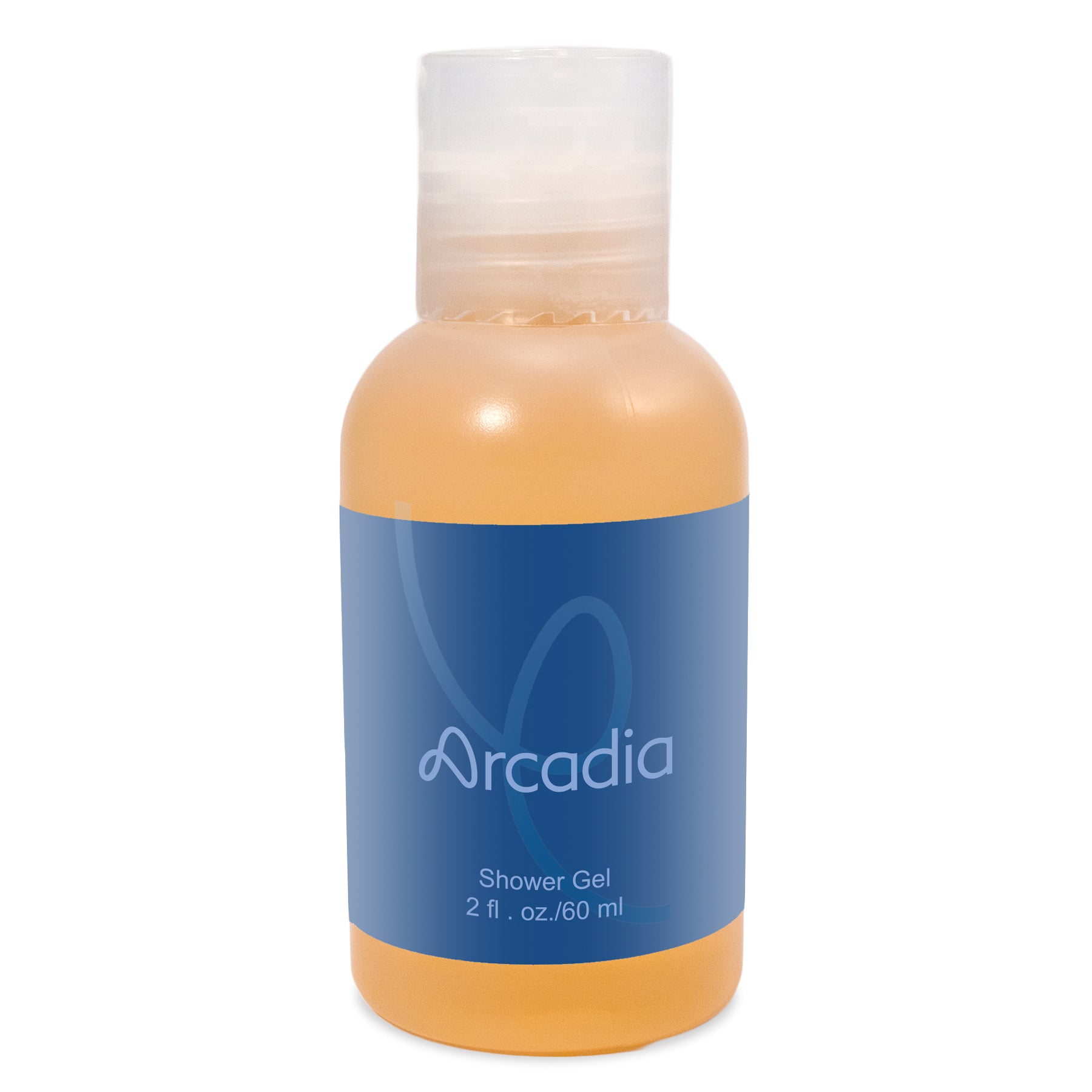 Plastic bottle with clear flip-top cap containing shower gel, featuring a minimalist blue label with blue text. The label indicates this is 'shower gel' in a 2 fl oz/60 ml size.