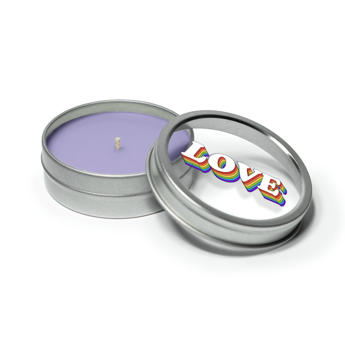 2 oz open silver tin candle with purple wax and cotton wick, alongside its clear lid displaying branding in colorful text.