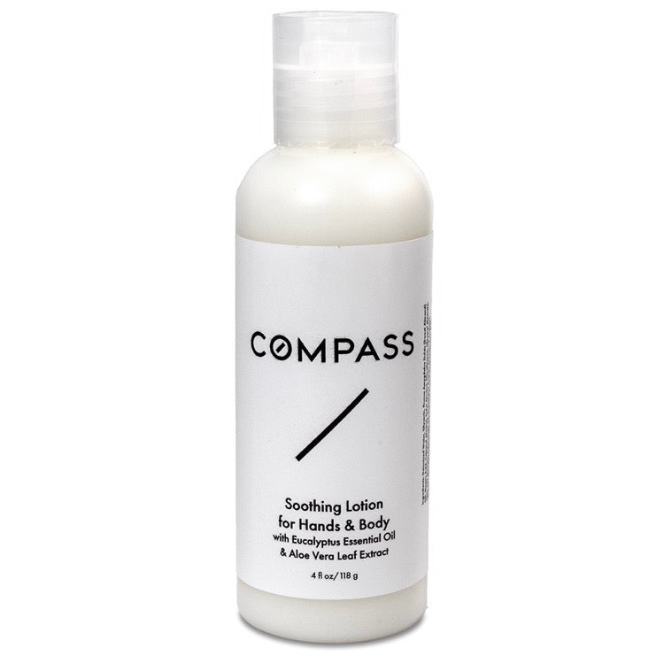 White plastic bottle with clear flip-top cap containing white lotion, featuring a minimalist white label with black text. The label indicates this is 'Soothing Lotion for Hands & Body with Eucalyptus Essential Oil & Aloe Vera Leaf Extract' in a 4 fl oz/118 g size.