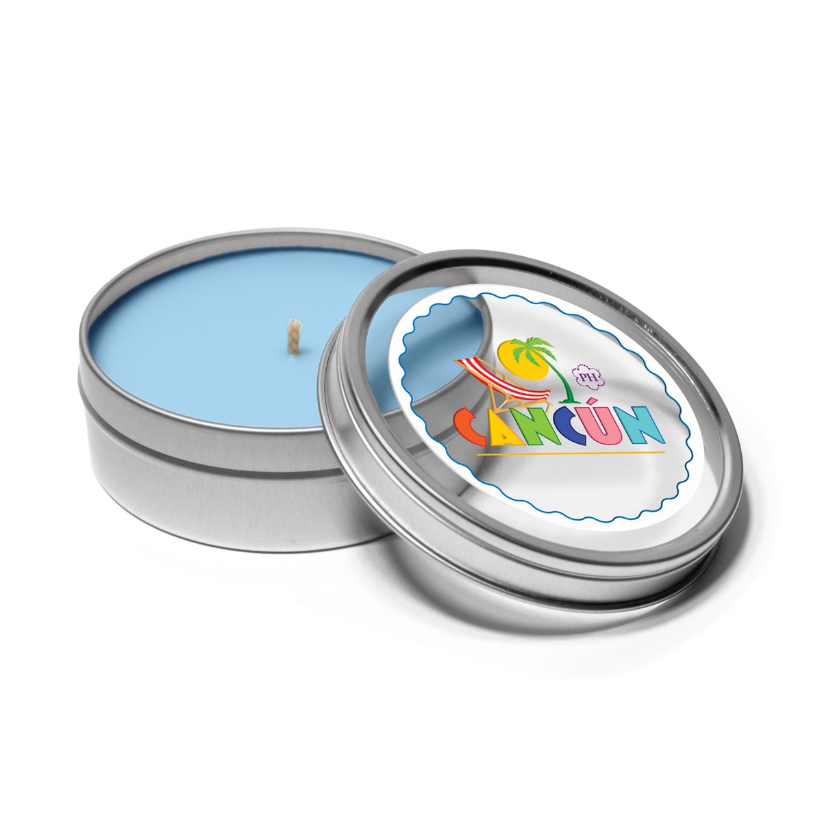 4 oz open silver tin candle with blue wax and cotton wick, alongside its clear lid displaying branding in colorful text.