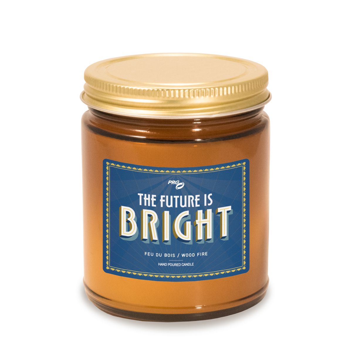 8 oz amber glass apothecary jar candle with gold screw-on lid, featuring a navy blue label.