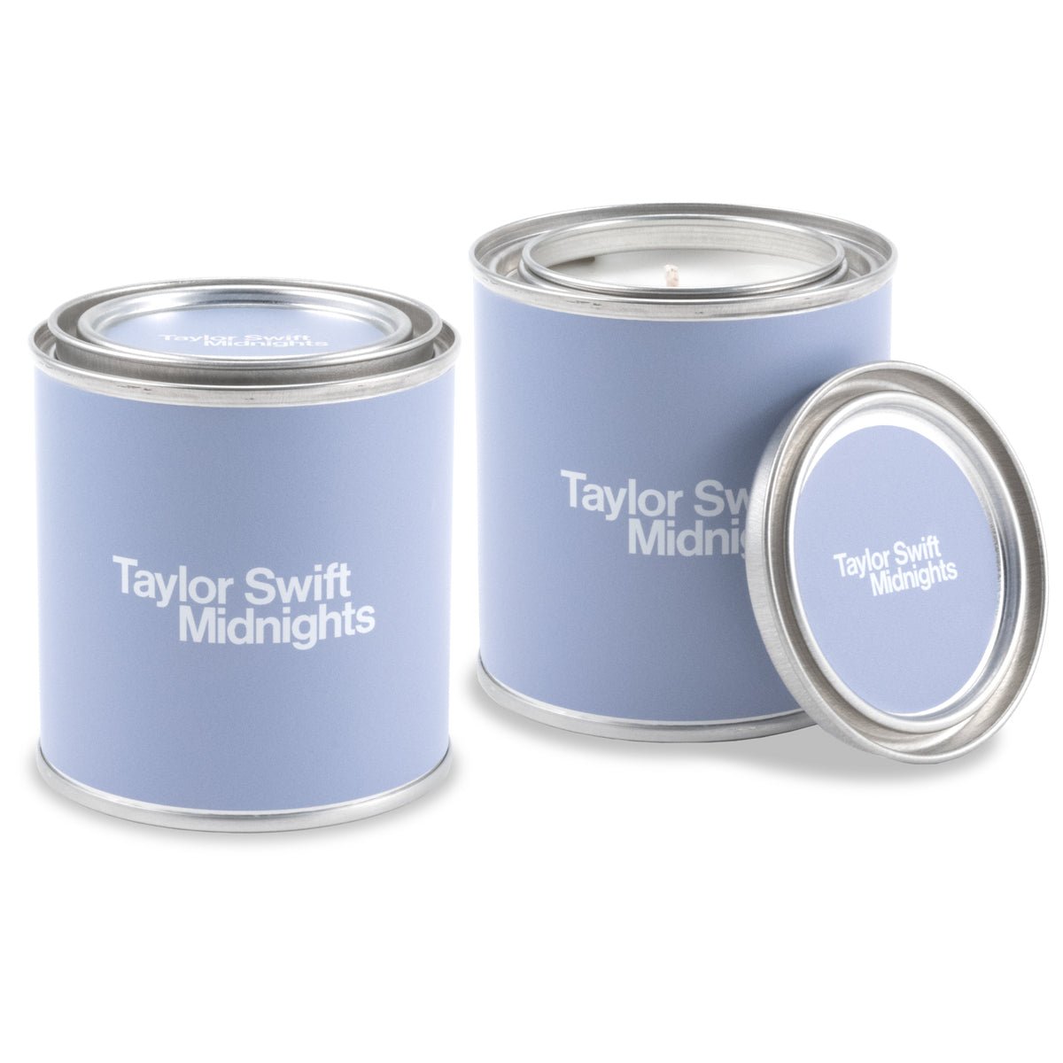 Two 8 oz silver paint can candles with lavender labels with white text - one closed and one open showing white wax with cotton wick, plus a removable lid.
