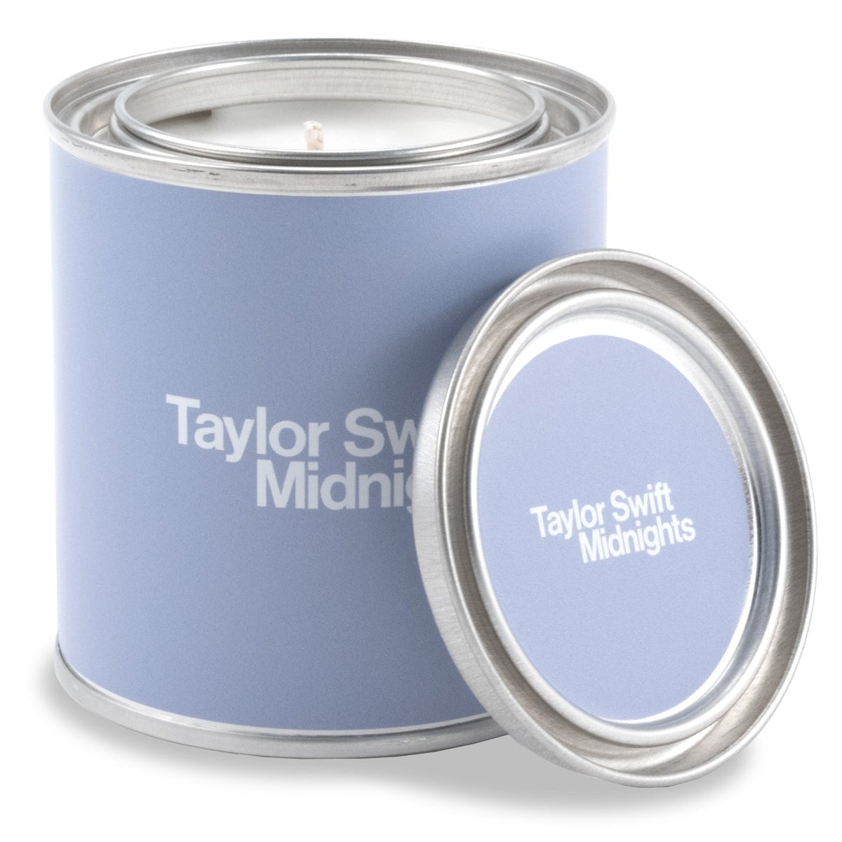 8 oz open silver paint can candle with white wax and cotton wick, a lavender label with white text on both the can and removable lid.