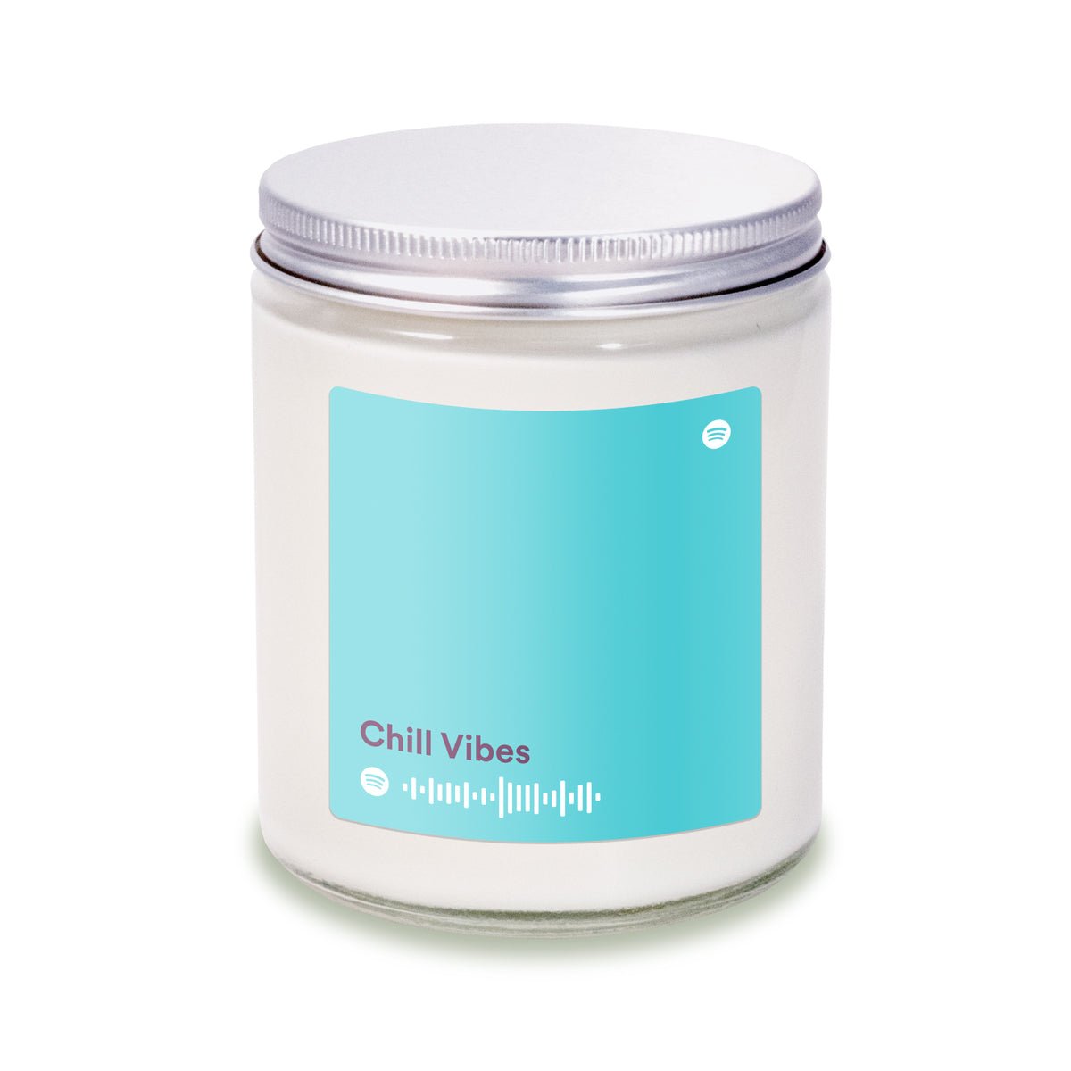 8 oz clear glass apothecary jar candle with silver screw-on lid, featuring a turquoise label.