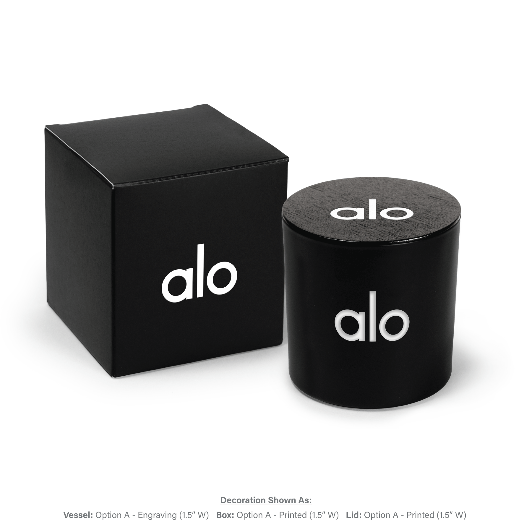 9 oz black glass candle with engraved logo and black wooden lid with white text next to black gift box with matching white branding.