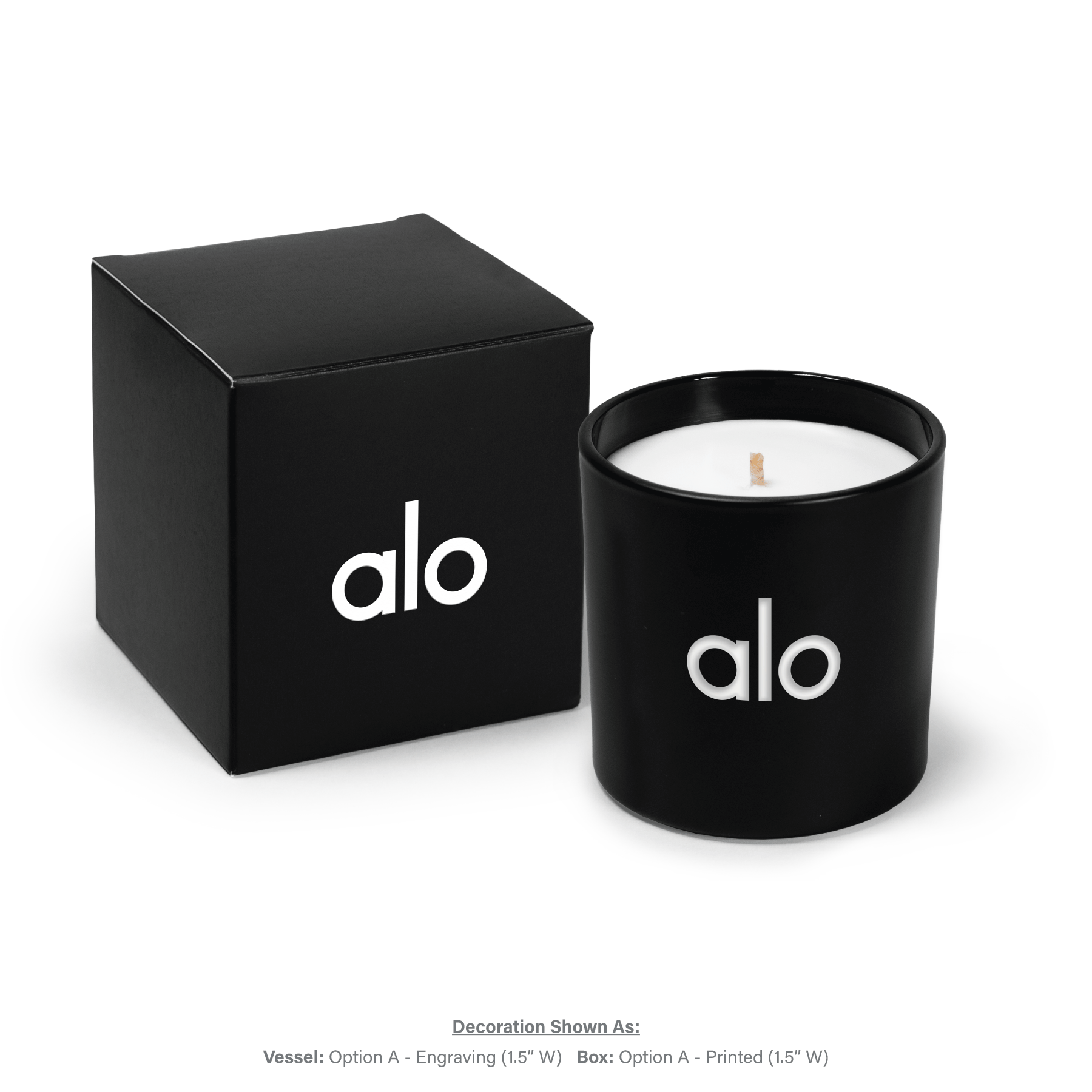 9 oz black glass candle with engraved logo and black gift box with matching white branding.