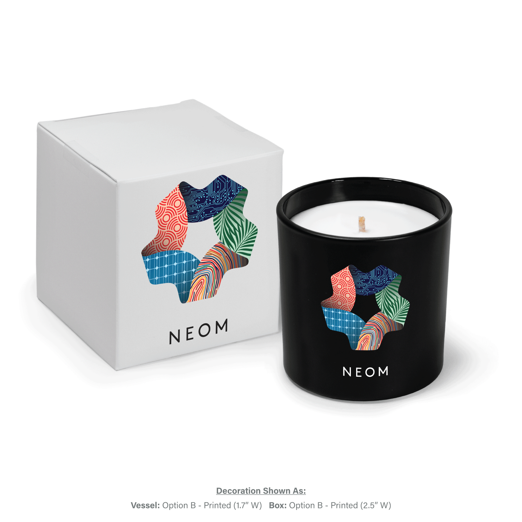 9 oz black glass candle with cotton wick and white wax next to matching white gift box, both featuring multicolor branding.