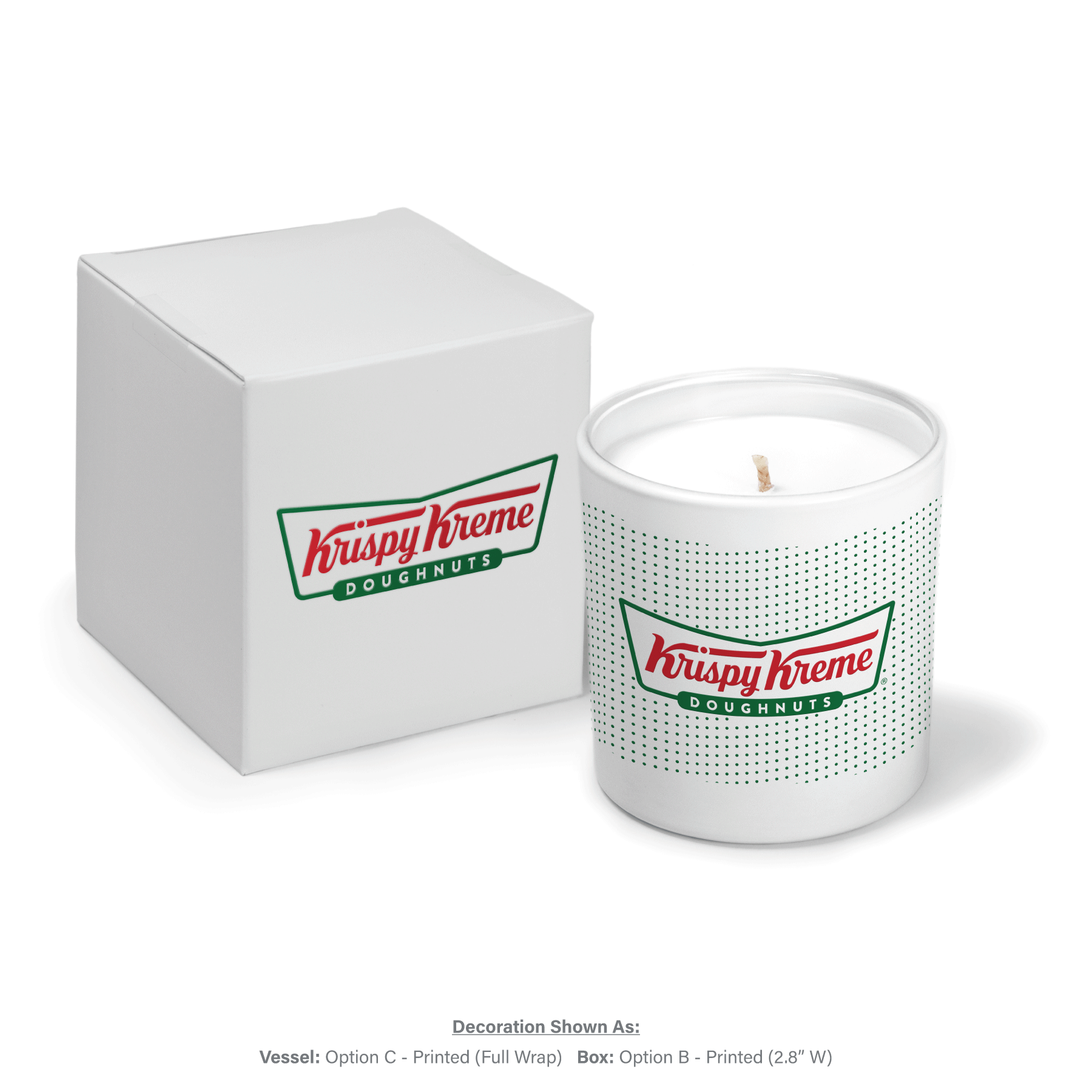 9 oz white glass candle with green and red logo next to matching white gift box branding.