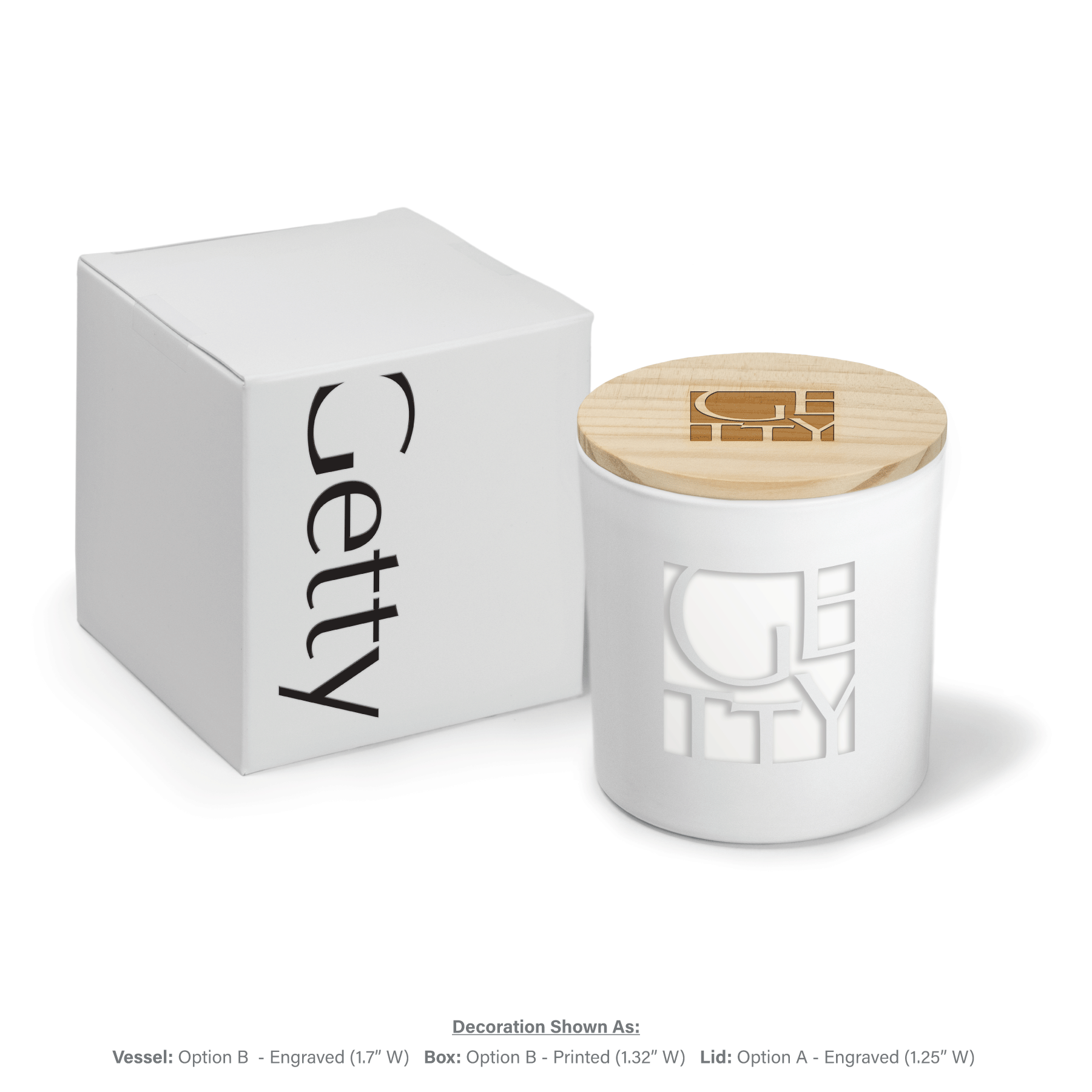 9 oz engraved logo on both white glass candle and wooden lid next to white gift box with black text.