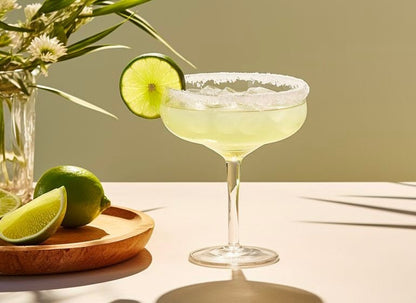 Margarita cocktail with salt rim and lime wheel garnish in coupe glass, with fresh limes on wooden plate nearby.