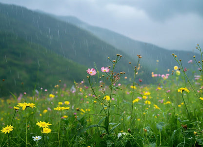 Wildflower meadow with yellow and pink flowers in rain with visible raindrops against misty mountain background.
