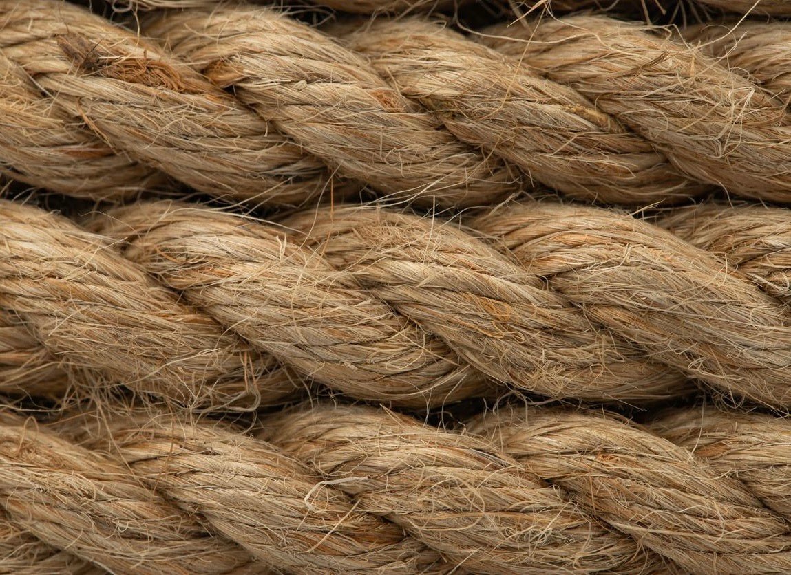 Thick twisted natural fiber rope with brown and tan coloring showing detailed texture of individual hemp or sisal strands.