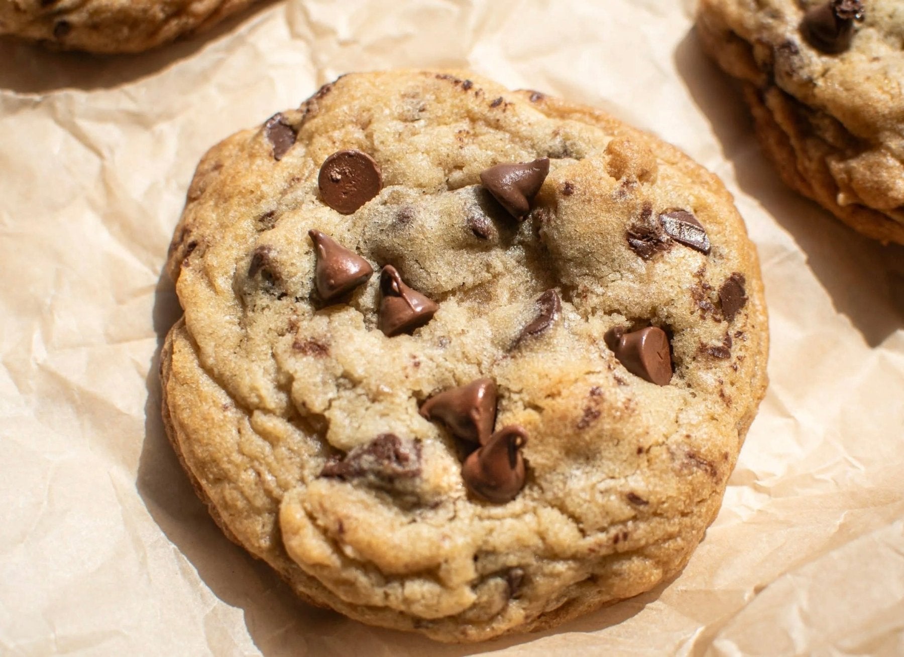 Golden brown chocolate chip cookie with melted chocolate chips on parchment paper, with more cookies blurred in background.