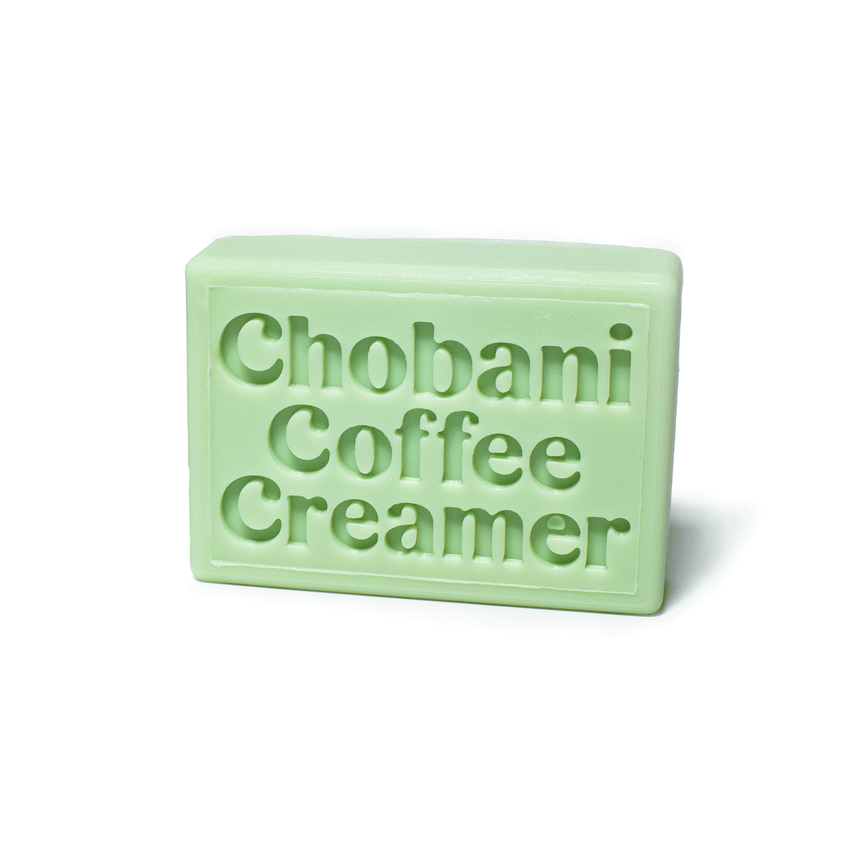 Light green rectangular bar soap with embossed logo.
