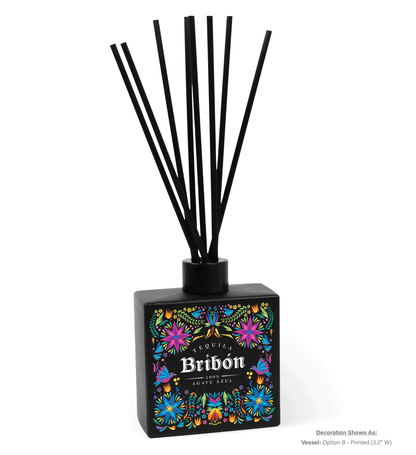 8 oz black glass reed diffuser with black reeds and custom logo printing area, shown against white background