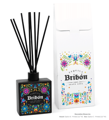 Close-up view of 8 oz black reed diffuser showing matte black finish and logo placement area for corporate branding